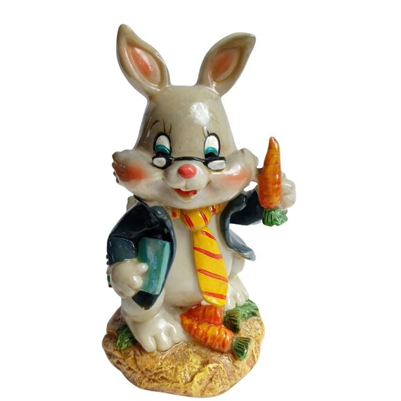 Whimsical Easter Bunny Rabbit Figurine 5" Gray Cheerful Adorable Festive Resin - Picture 9 of 9